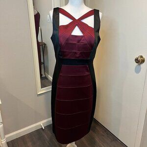 Jax Burgundy and Black Satin Body Con Sleeveless Cocktail Dress, Size 14